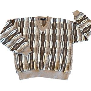 Vintage Alan Stuart 80s‎ 3D V Neck Brown Tan Knit Sweater Size Large